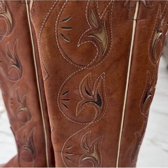 Vintage Acme Inlay Western Cowboy Boots Women USA Brown 8 1/2 C Rockabilly - Picture 7 of 9